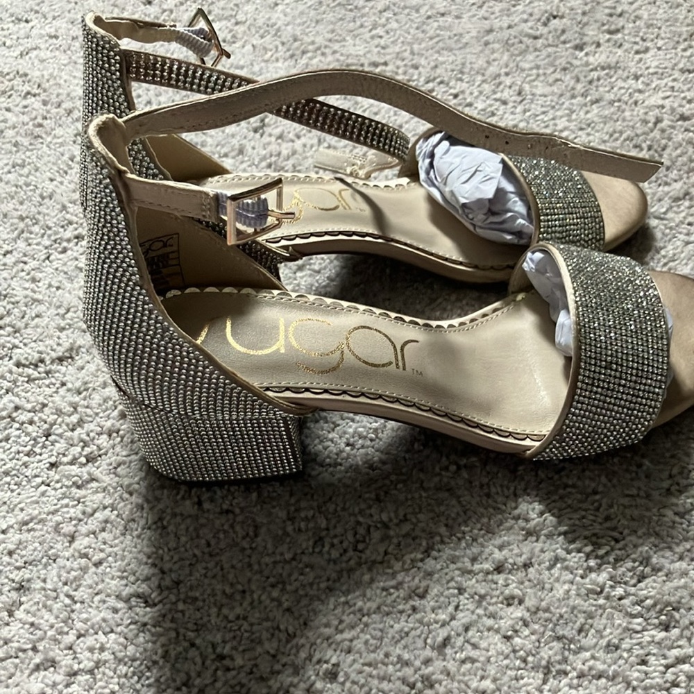 Sugar Silver Shiny Rhinestone Heels Satin Cream inside shoe 7.5 - Picture 2 of 5
